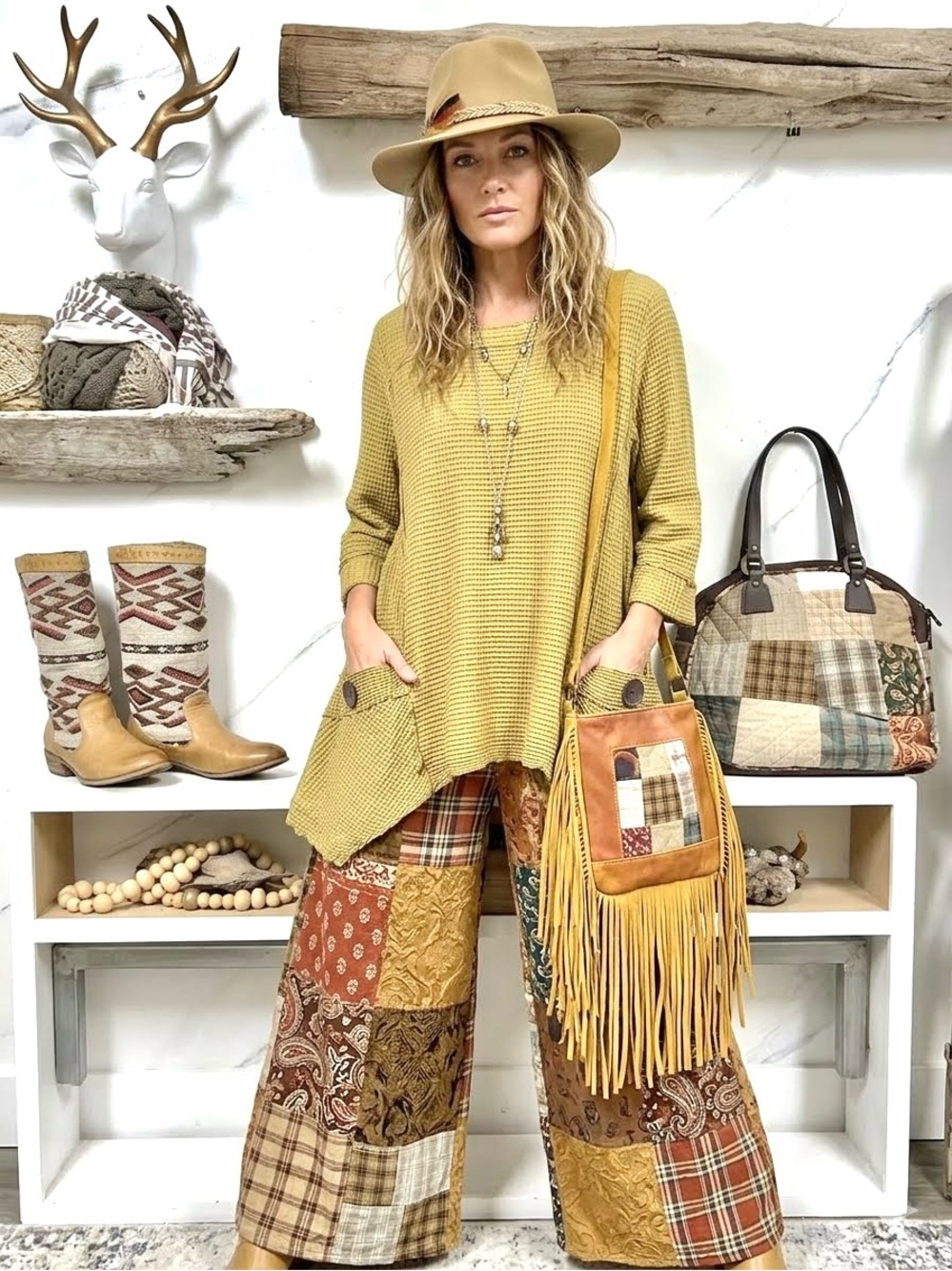 Cottagecore Trendy mustard Waffle Knit Tunic w prairie Country farmhouse vibe